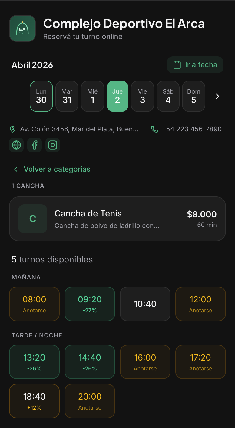 Página de reservas del cliente