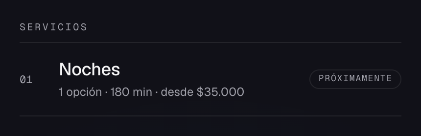 Página pública de un evento: el servicio se lista con su duración y precio, con la etiqueta Próximamente en vez del botón de reservar