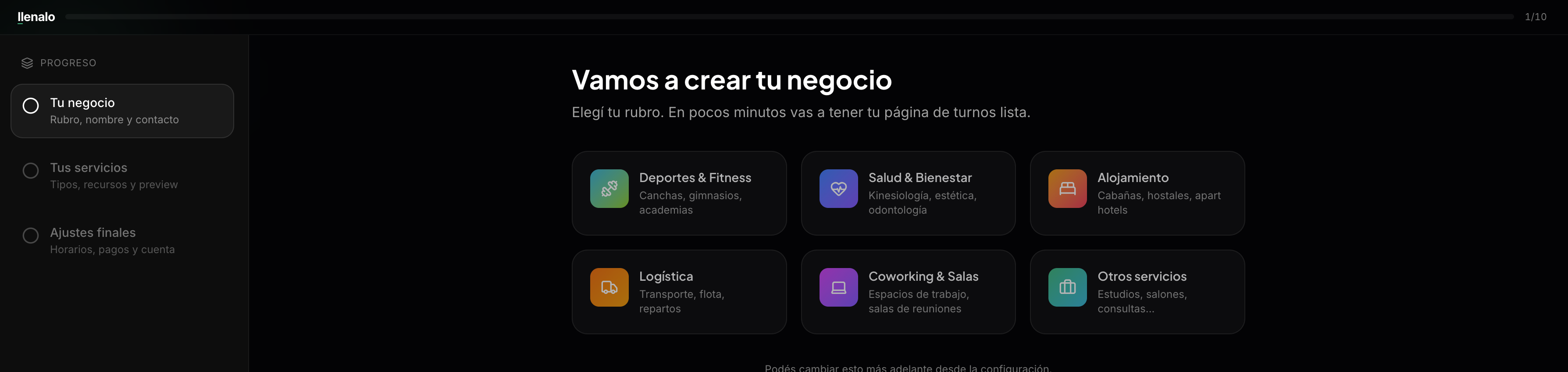 Paso del wizard para elegir el rubro del negocio
