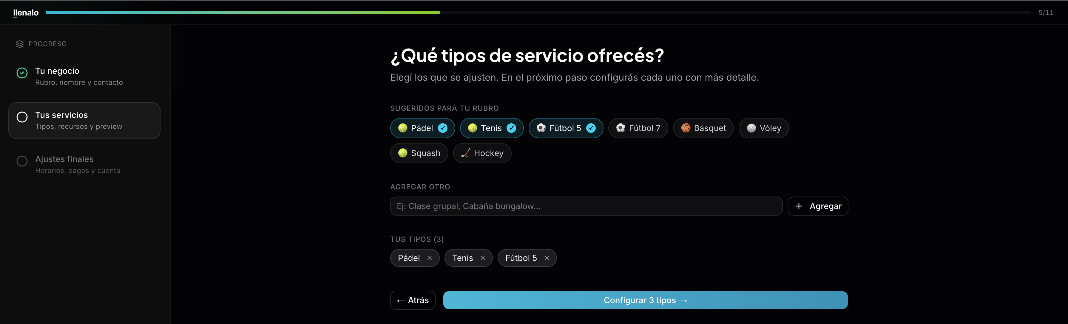 Paso del wizard para configurar un servicio con duración y precio
