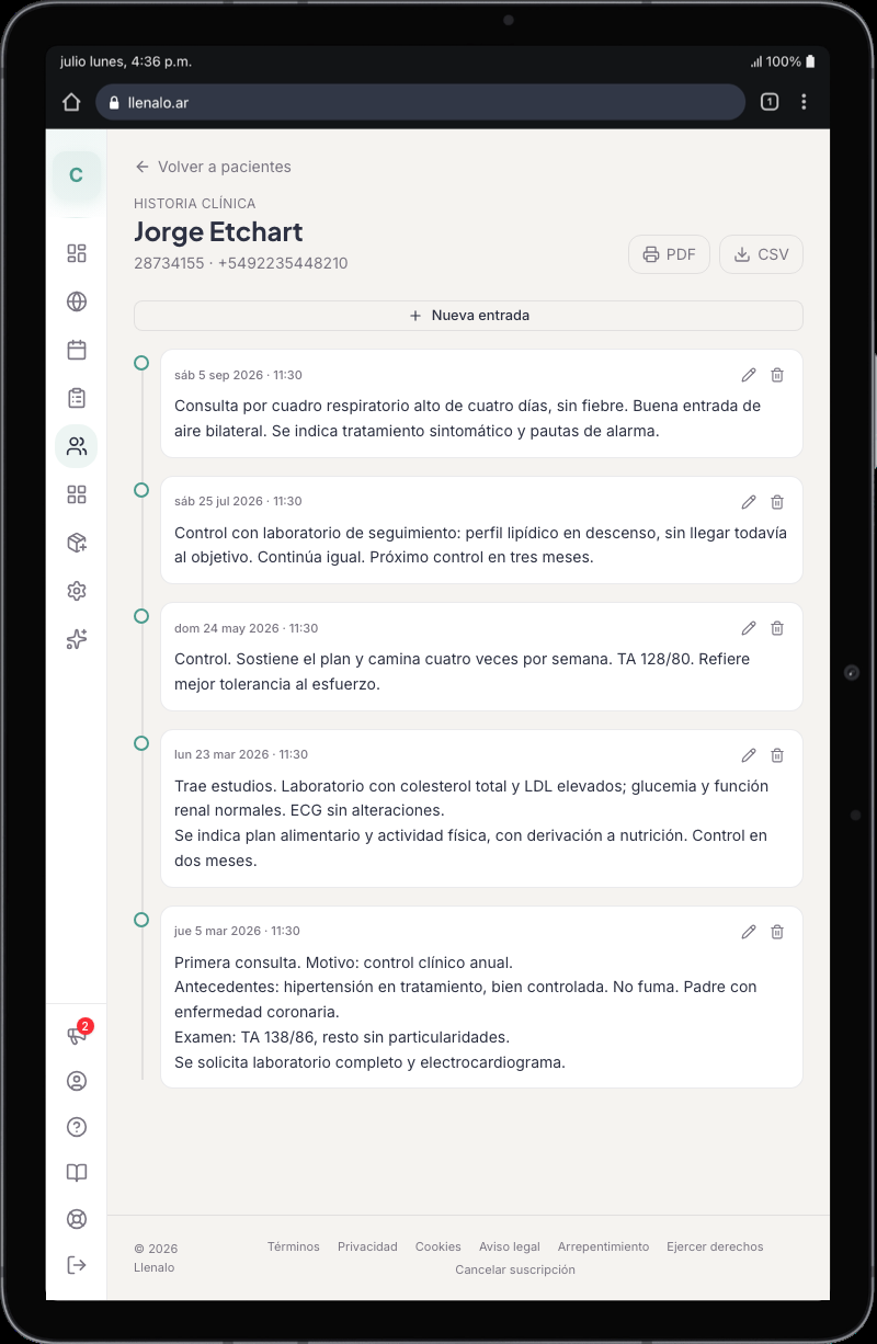 Historia clínica de un paciente en Llenalo, con motivo de consulta, estudios y evolución, y export a PDF y CSV