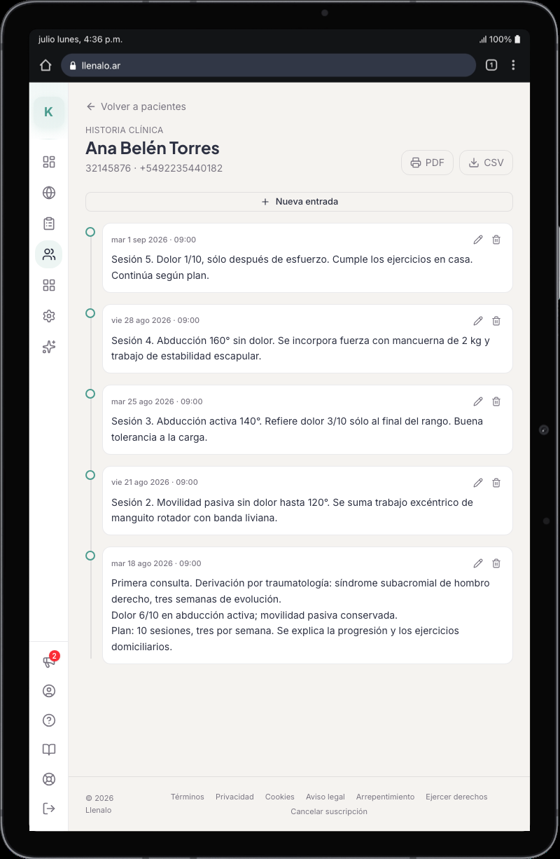 Historia clínica de un paciente de kinesiología en Llenalo, con la evolución del tratamiento y export a PDF y CSV