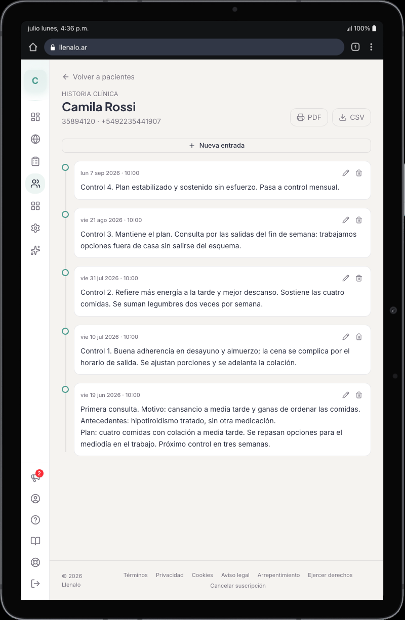 Historia clínica de una paciente de nutrición en Llenalo, con la evolución entre controles y export a PDF y CSV