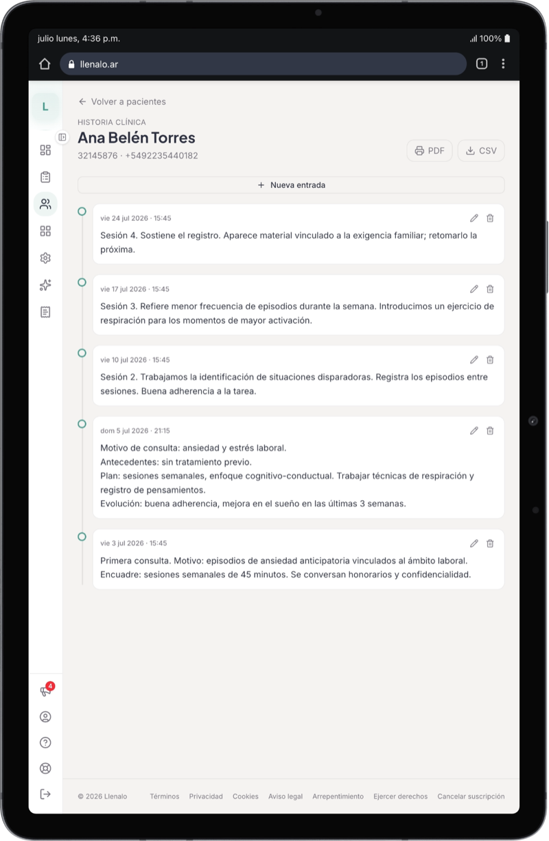 Historia clínica de un paciente en Llenalo, con export a PDF y CSV
